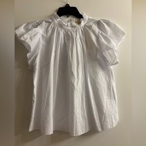 Ellie Tahari White Ruffled Neck and Sleeves Cotton Blouse
